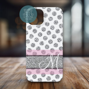 Silver Glitter Polka Dot Pattern with Monogram Case-Mate iPhone Case