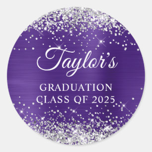 Silver Glitter Pretty Dark Purple Foil Graduation Classic Round Sticker