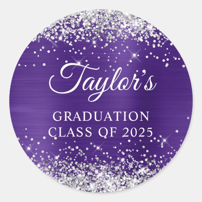 Silver Glitter Pretty Dark Purple Foil Graduation Classic Round Sticker (Front)