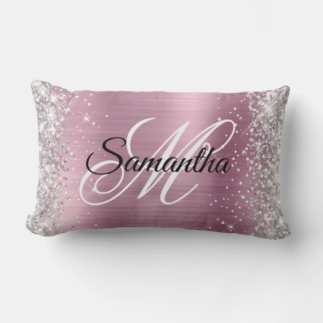 Silver Glitter Pretty Pink Foil Monogram Lumbar Cushion (Front)