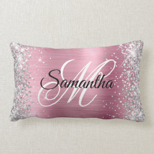 Silver Glitter Pretty Pink Foil Monogram Lumbar Cushion