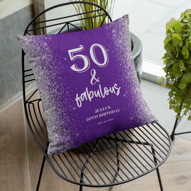 Silver Glitter Purple 50th Birthday Cushion (Creator Uploaded)