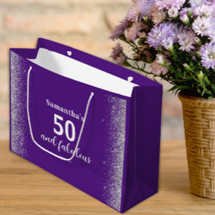Silver Glitter Purple 50th Birthday Large Gift Bag