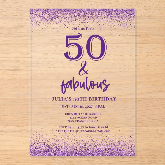 Silver Glitter Purple 50th Birthday Party  Acrylic Invitations (Front)