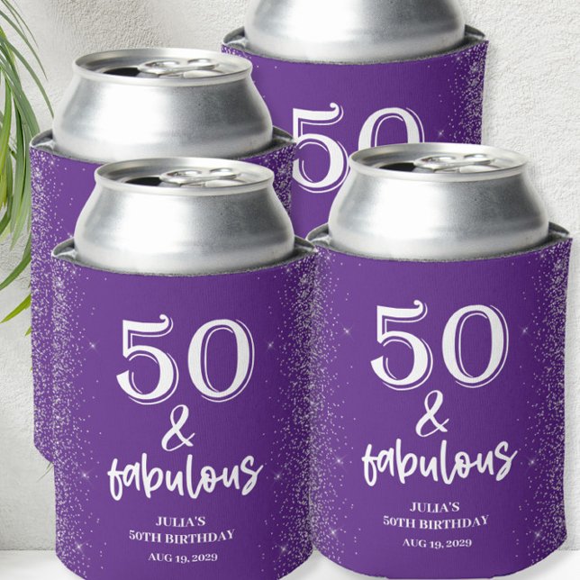 Silver Glitter Purple 50th Birthday Party  Can Cooler (Creator Uploaded)