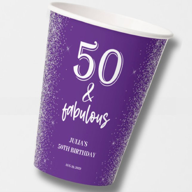 Silver Glitter Purple 50th Birthday Party  Paper Cups (Creator Uploaded)