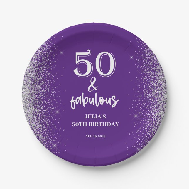 Silver Glitter Purple 50th Birthday Party  Paper Plate (Front)