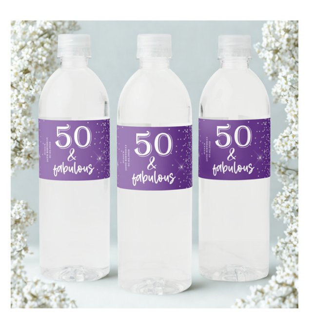 Silver Glitter Purple 50th Birthday Party  Water Bottle Label (Creator Uploaded)