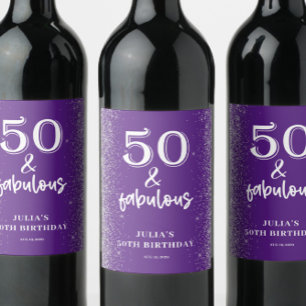 Silver Glitter Purple 50th Birthday Party Wine Label