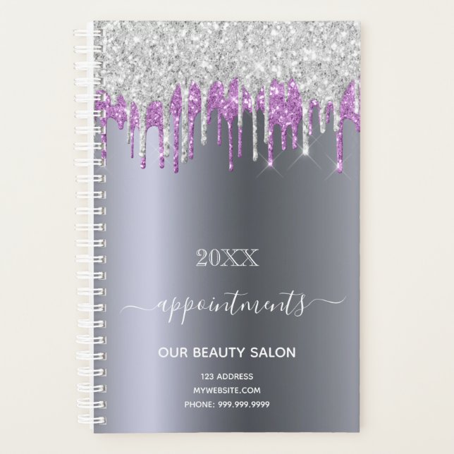 Silver glitter purple beauty salon planner (Front)