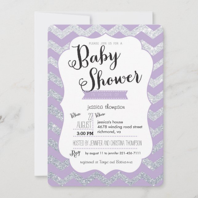 Silver Glitter & Purple Chevron Baby Shower Invite (Front)
