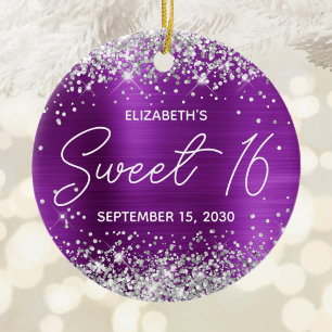 Silver Glitter Purple Fancy Sweet 16 Photo Ceramic Tree Decoration