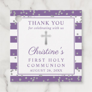Silver Glitter Purple First Communion Thank You Favour Tags