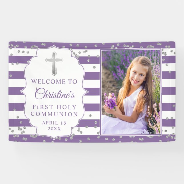 Silver Glitter Purple First Holy Communion Photo Banner (Horizontal)