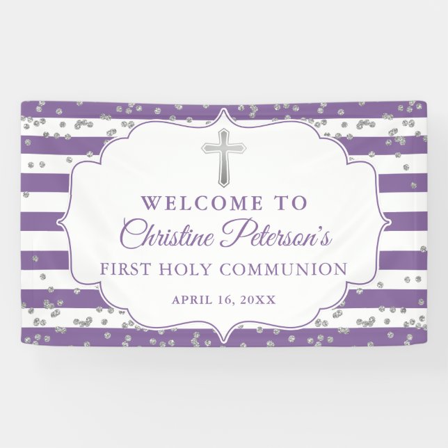 Silver Glitter Purple First Holy Communion Welcome Banner (Horizontal)