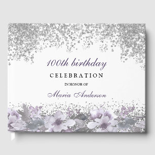 Silver Glitter Purple Floral 100th Birthday Party Guest Book