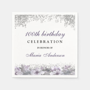 Silver Glitter Purple Floral 100th Birthday Party Napkin
