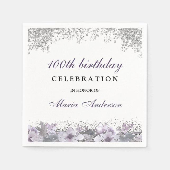 Silver Glitter Purple Floral 100th Birthday Party Napkin (Front)