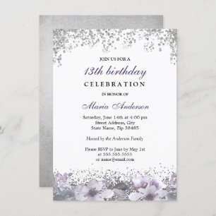 Silver Glitter Purple Floral 13th Birthday Invite
