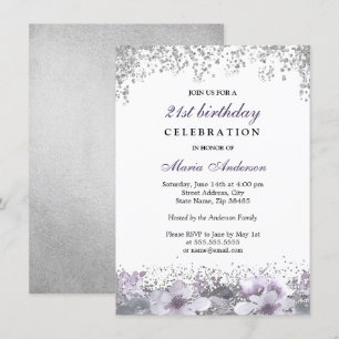 Silver Glitter Purple Floral 21st Birthday Invite
