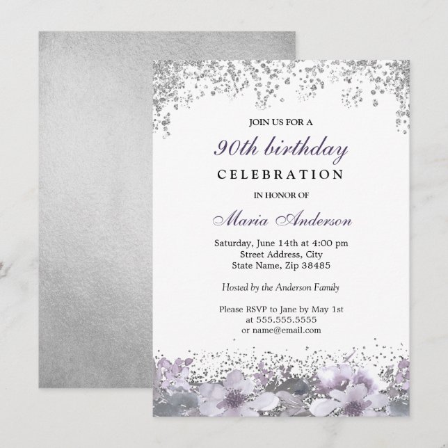 Silver Glitter Purple Floral 90th Birthday Invite (Front/Back)
