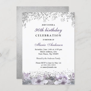 Silver Glitter Purple Floral 90th Birthday Invite