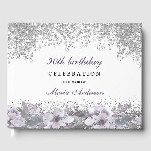 Silver Glitter Purple Floral 90th Birthday Party Guest Book