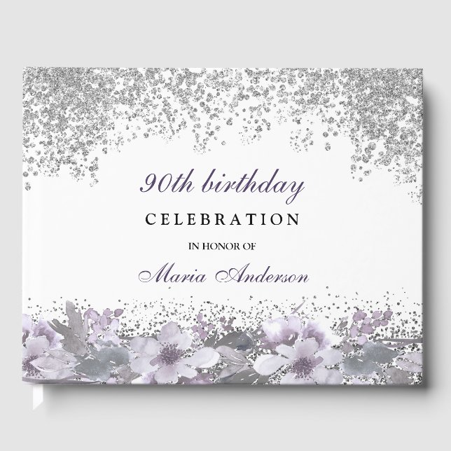 Silver Glitter Purple Floral 90th Birthday Party Guest Book (Front)