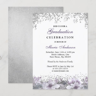 Silver Glitter Purple Floral Graduation Party Invitation