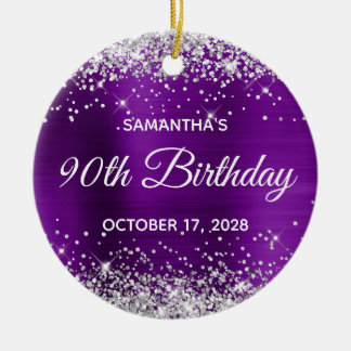 Silver Glitter Purple Foil 90th Birthday Ceramic Tree Decoration