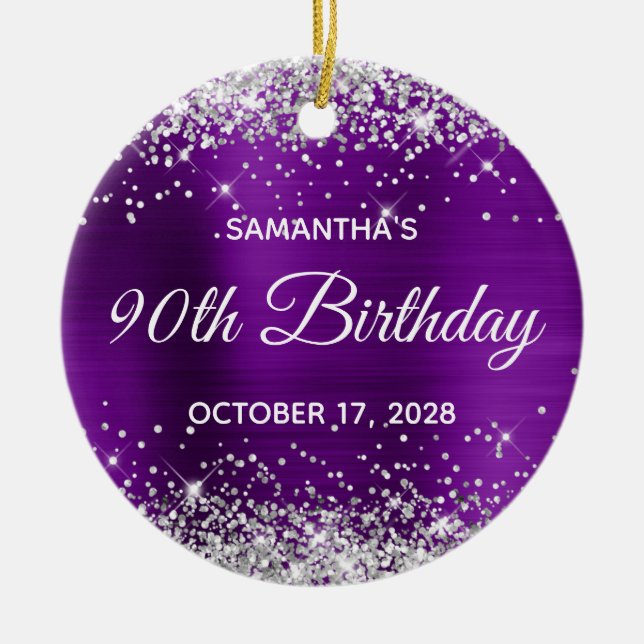 Silver Glitter Purple Foil 90th Birthday Ceramic Tree Decoration (Front)