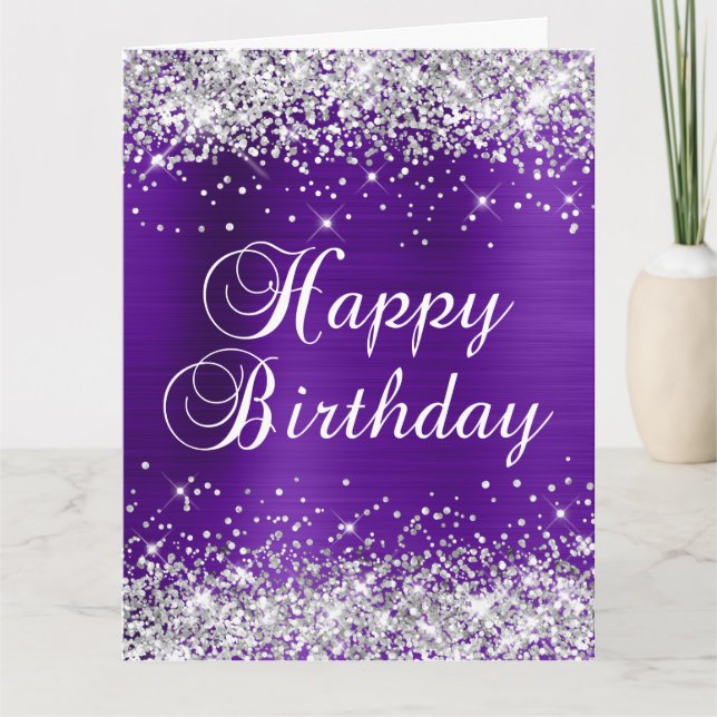 Silver Glitter Purple Foil Big Happy Birthday Card (Front)