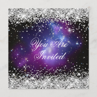 Silver Glitter Purple Galaxy Celestial Wedding Invitation