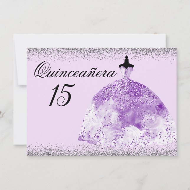 Silver Glitter Purple Gown Quinceanera invitation (Front)