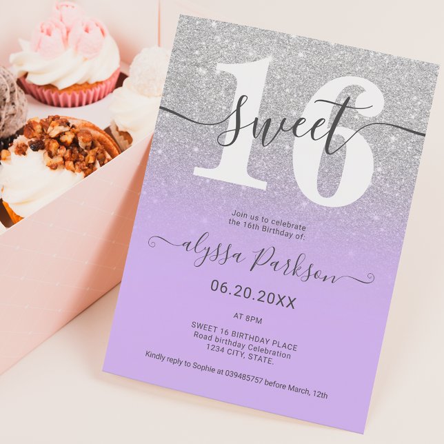 Silver glitter purple lavender chic girly Sweet 16 Invitation (Creator Uploaded)