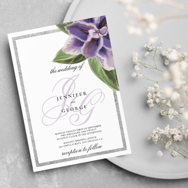 Silver glitter purple lavender orchid wedding invitation (Silver glitter purple lavender orchid wedding)