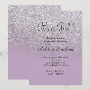 Silver glitter purple lilac ombre girl baby shower invitation