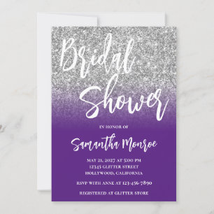 Silver Glitter Purple Ombre QR Code Bridal Shower Invitation