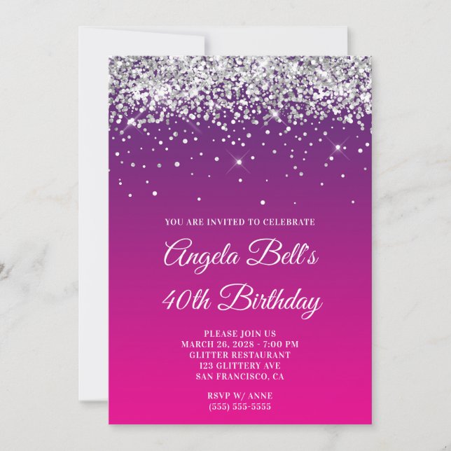 Silver Glitter Purple Pink Gradient 40th Birthday Invitation (Front)