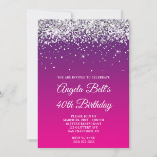 Silver Glitter Purple Pink Gradient 40th Birthday Invitation