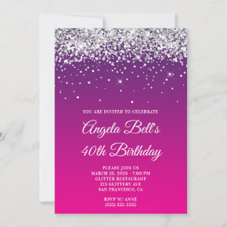 Silver Glitter Purple Pink Gradient 40th Birthday Invitation