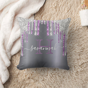 Silver glitter purple sparkle glam monogram script cushion