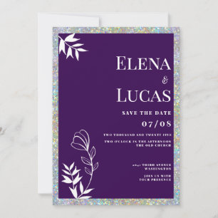 Silver glitter purple white sketch floral wedding invitation