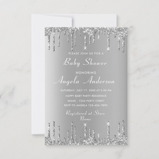 Silver Glitter QR Code Baby Shower Invitations (Front)
