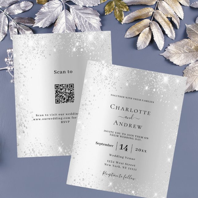 Silver glitter QR RSVP budget wedding invitation (Creator Uploaded)