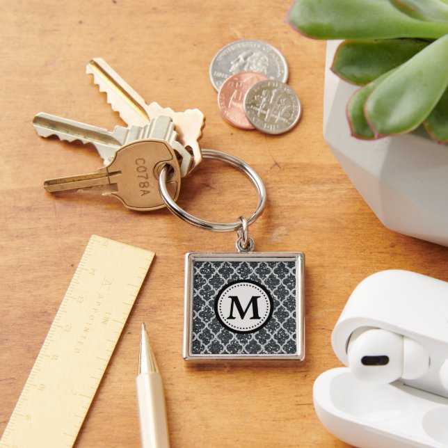 Silver Glitter Quatrefoil Pattern Monogram Key Ring (Desk)