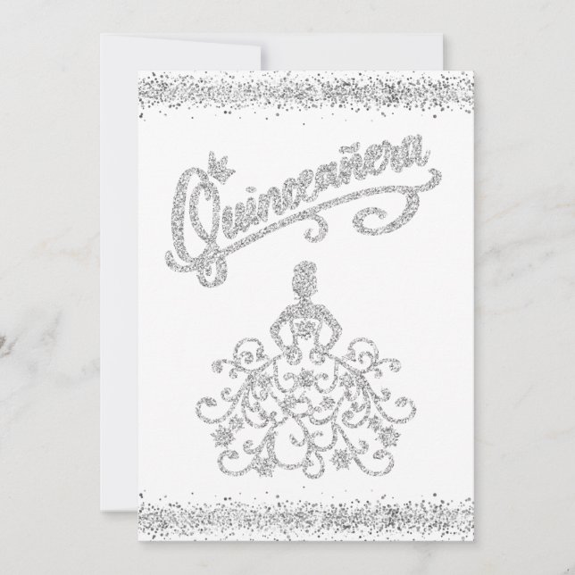 Silver Glitter Quinceañera 15 Crown Invitation (Front)