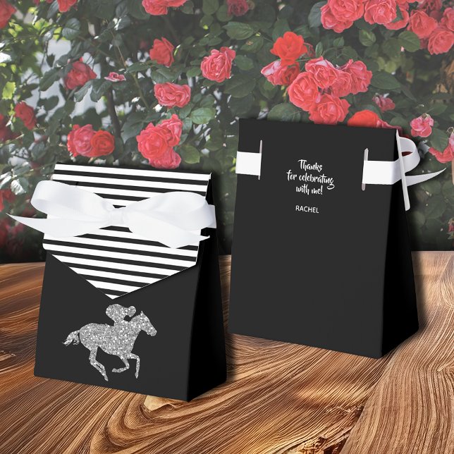 Silver Glitter Racehorse Black White Stripes Favour Box (Silver racehorse tent-style ribbon close favor box with  thank you on the back, 3" x 1.5" x 3.25")