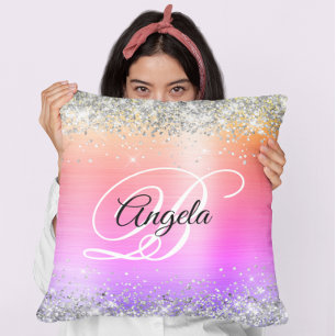 Silver Glitter Rainbow Foil Fancy Monogram Cushion