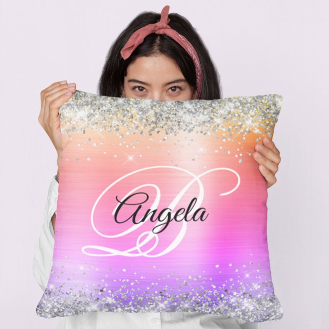 Silver Glitter Rainbow Foil Fancy Monogram Cushion (Silver Glitter Rainbow Foil Fancy Monogram Throw Pillow)
